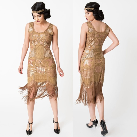 Unique Vintage Dresses & Skirts - Unique Vintage 1920s Gold Beaded Flapper Dress